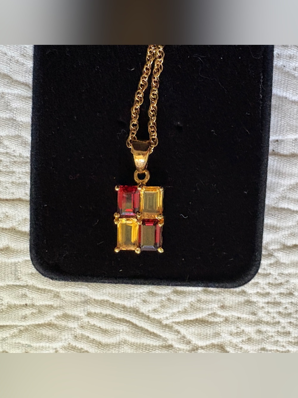 Gold-Tone Necklace with Red and Yellow Rectangular Gemstones